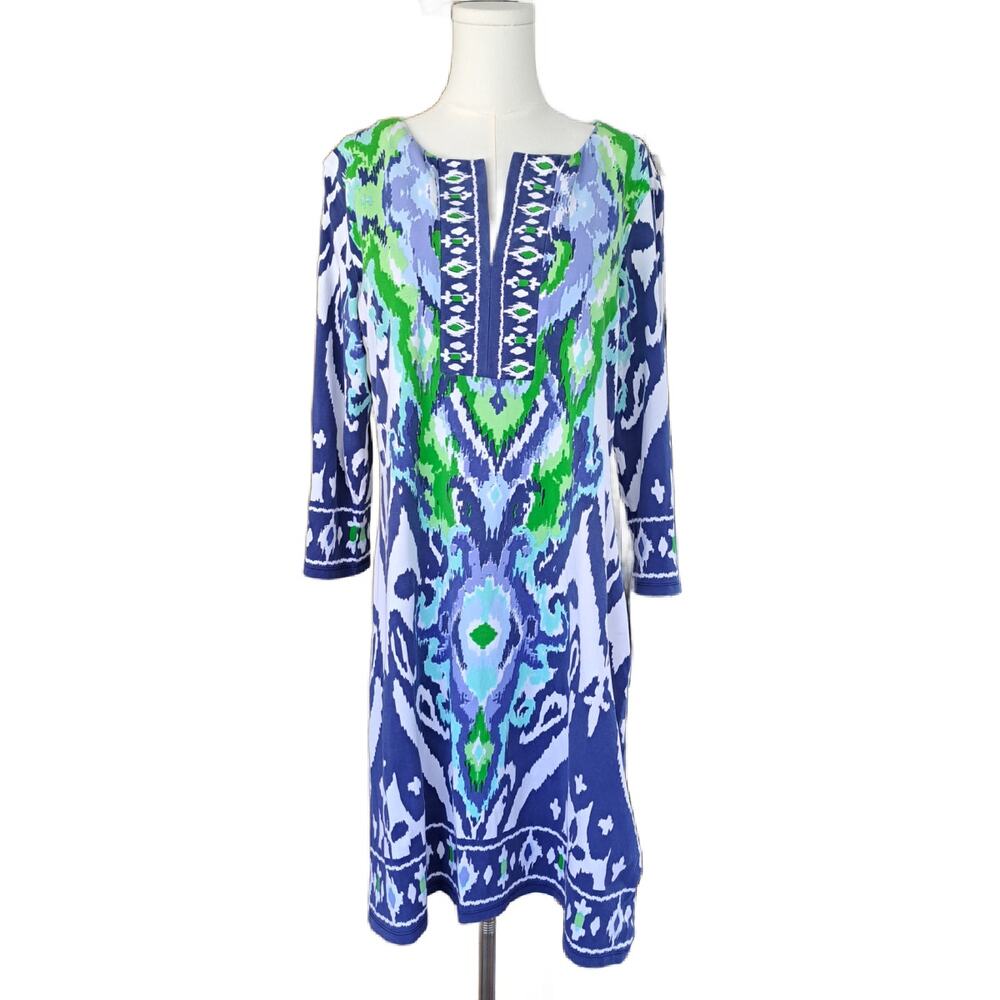 BARBARA ERICKSON 3/4 Sleeve Tunic Dress Size XL Capri Blue Ikat Coastal Resort - Picture 6 of 8